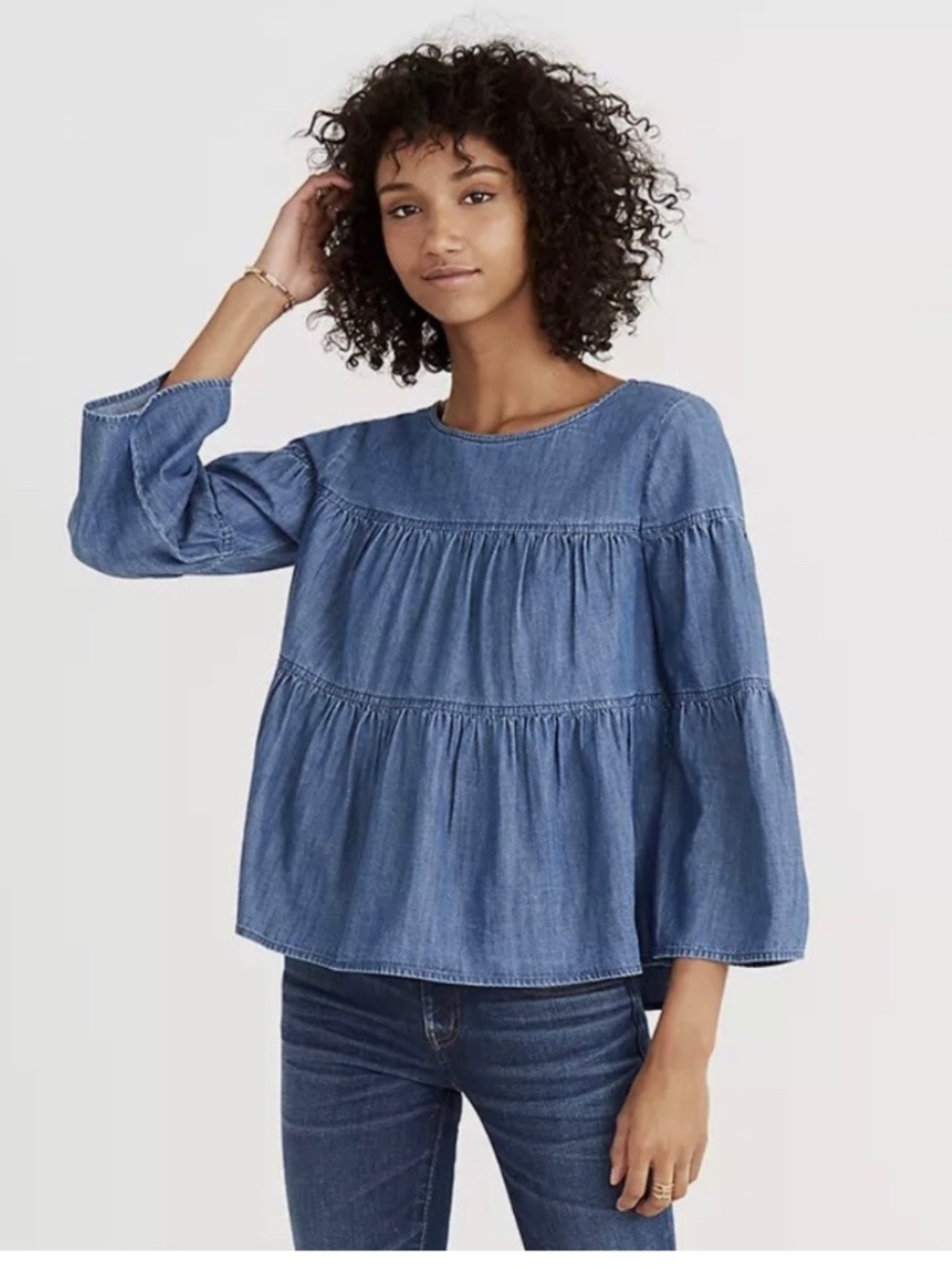 Madewell Denim Tiered button back top XL Boho Fall Flowy relaxed sleeves
